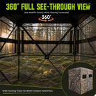 A forest-view hunting blind shown from inside, with large text reading '360° FULL SEE-THROUGH VIEW' and a small inset showing the camouflage exterior. The scene includes a real outdoor forest environment, so this is Lifestyle rather than Product/Packaging.