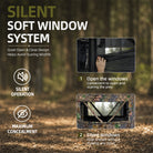 Promotional graphic for a silent soft window system, showing a forest background with text explaining quiet open-and-close design, silent operation, and maximum concealment. Two inset photos demonstrate the window opening and the camouflage-trimmed window frame.