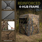Camouflage hunting blind with reinforced 4-hub frame features on a natural background