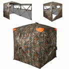 A camouflage winter hunting blind tent shown from multiple angles on a plain white background. The main view shows the full tent with a woodland camo pattern and bright orange accent panels near the top corners.