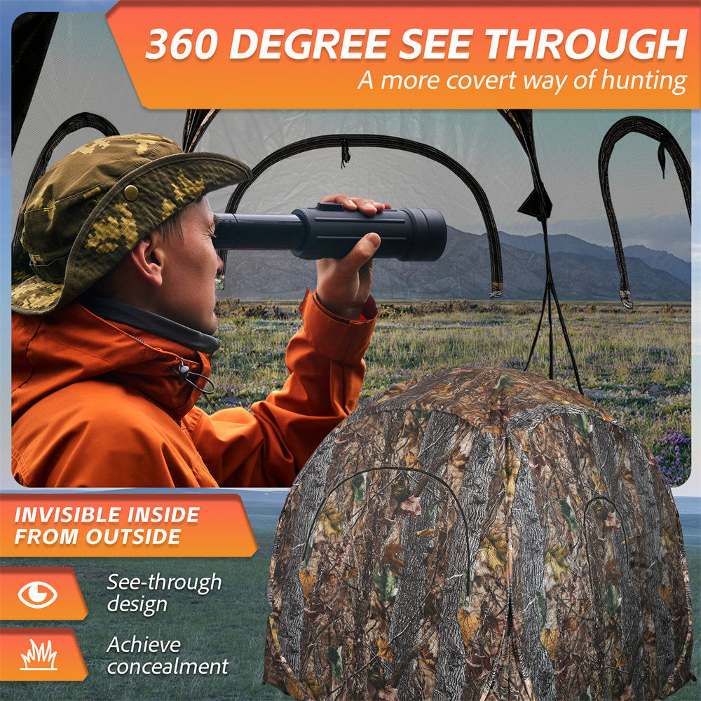 Person using binoculars with a hunting blind and camouflage design in the background