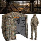 A camouflage hunting blind tent with a mesh front door, shown alongside a man in a matching camouflage hunting suit. The top panel shows a man in a hunting stance inside a tree stand looking out onto a forest at sunset.