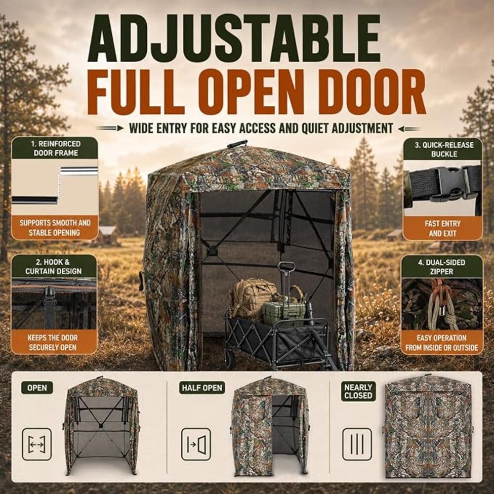 Adjustable full open door hunting blind in a camouflage pattern, shown in an outdoor field with feature callout panels and text explaining its wide entry, reinforced door frame, quick-release buckles, hook and curtain design, and zip closure.