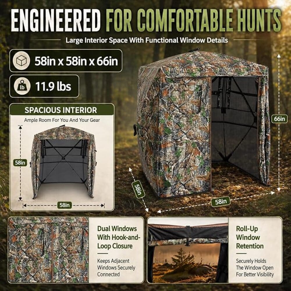 Camouflage hunting blind with dimensions, interior space, and feature callouts on a forest background. The graphic shows a freestanding camo canopy tent with labeled measurements, interior room space, dual windows, and a roll-up window detail.