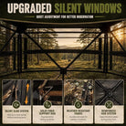 Promotional graphic for upgraded silent windows on a screened hunting structure, showing a forest view through the screen with four feature callouts: silent slide system, solid fiber support rod, weather-resistant fabric, and reinforced hub system.