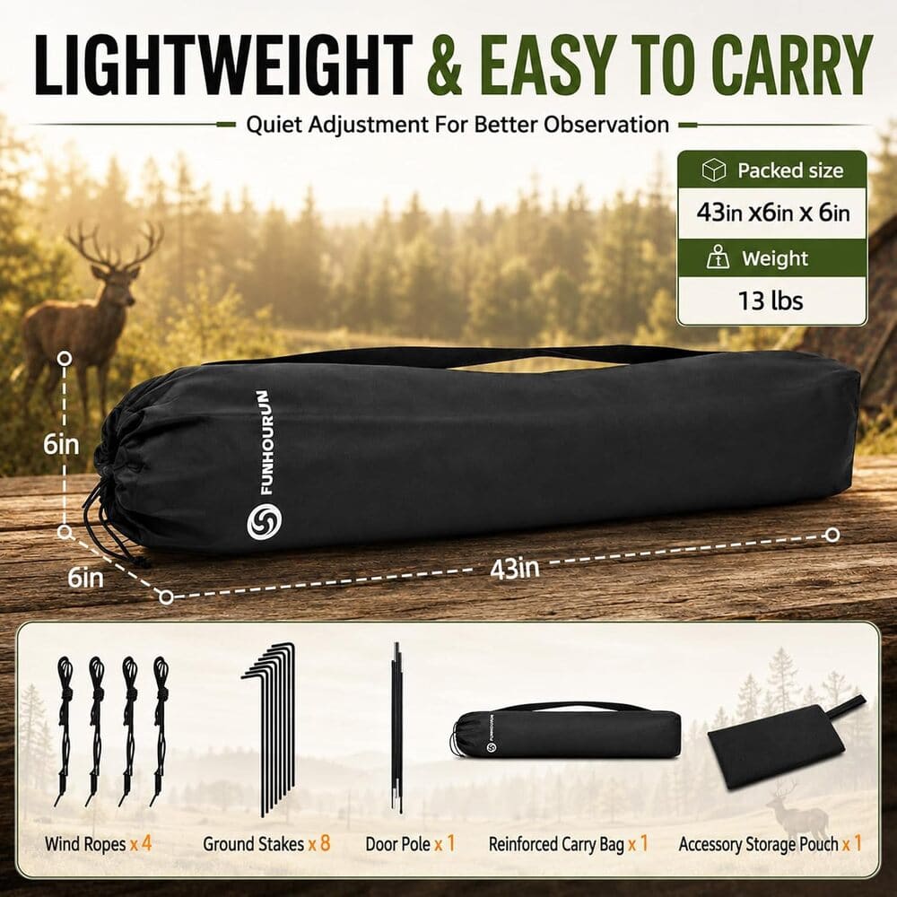 Black Flurnourum cylindrical storage bag shown on a wooden surface with a forest background, surrounded by product specs and included accessories. The image includes text highlighting lightweight and easy-to-carry features, dimensions, and a bottom panel showing included wind ropes, ground stakes, a door pole, the bag, and an accessory storage pouch.