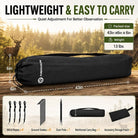 Black Flurnourum cylindrical storage bag shown on a wooden surface with a forest background, surrounded by product specs and included accessories. The image includes text highlighting lightweight and easy-to-carry features, dimensions, and a bottom panel showing included wind ropes, ground stakes, a door pole, the bag, and an accessory storage pouch.
