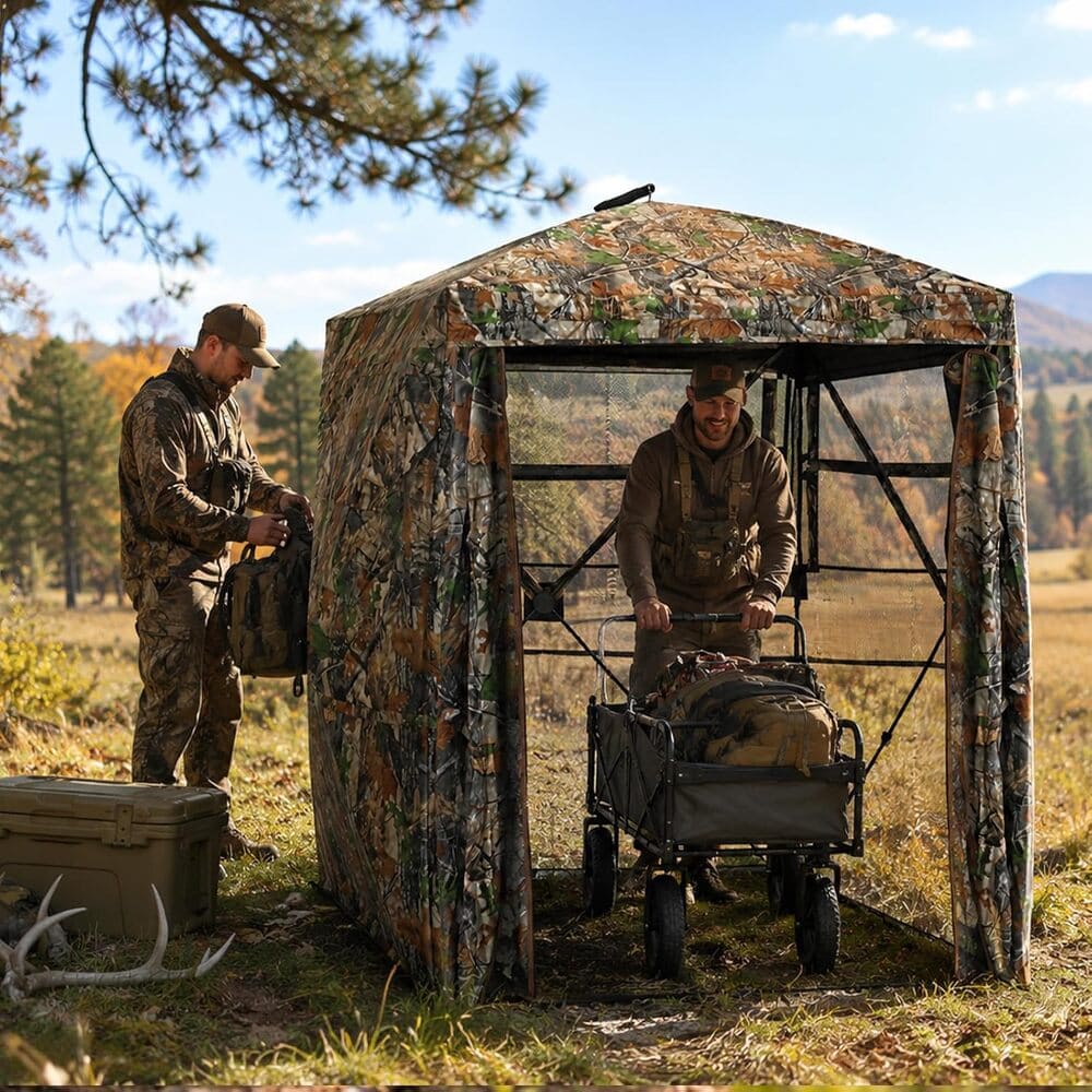 A camouflage hunting blind shelter set up outdoors in a grassy field, with two people in camouflage clothing around it. One person stands on the left handling a bag, and another pushes a cart loaded with gear inside the shelter.