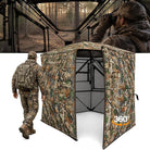 A camouflage hunting blind canopy shown on a white background, with a man walking beside it and a top inset showing a person inside a camo hunting vehicle looking through binoculars. The blind has a woodland camo pattern and a visible '360°' mark near the lower right corner.