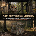A camouflage hunting blind shown in a forest setting, with a person visible through the open top in the upper half. Large text across the center reads '360° SEE THROUGH VISIBILITY' and '4 ONE-WAY PANELS FOR FULL SURROUND OBSERVATION' and 'INVISIBLE INSIDE FROM OUTSIDE.