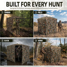 A four-panel promotional graphic showing a camouflage hunting blind in different outdoor environments. Large text at the top reads 'BUILT FOR EVERY HUNT' with smaller copy below.