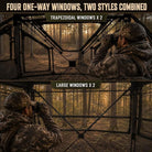 Promotional graphic for a camouflage hunting blind, showing two views of a person in camo looking through binoculars from inside the blind. The top view has a trapezoidal window and the bottom view has large windows, both set in a forest.