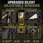 An infographic detailing the features of a silent, adjustable hunting window system. The graphic includes four labeled panels showing 'Silent Operation' with an arrow, 'Plastic Sliding Clip' with a white triangle overlay, 'Quick-Lock Window Hook', and 'Concealed Viewing' against a forest background.