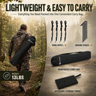 A promotional composite for a lightweight carry bag set. On the left, a person in camouflage walks through a forest carrying the black bag.