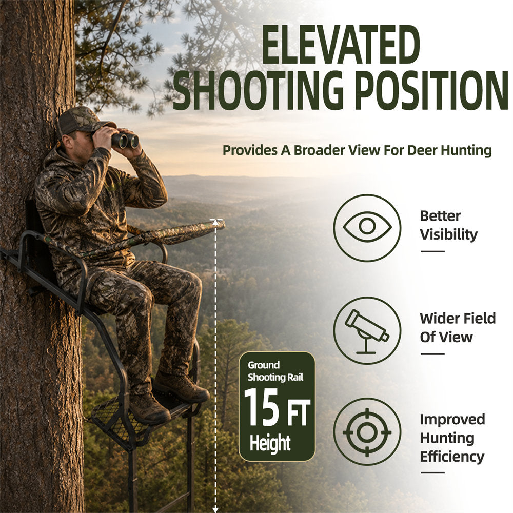 A man in camouflage sits on a tree-mounted hunting stand holding binoculars, with large text reading 'ELEVATED SHOOTING POSITION' and feature callouts about better visibility, wider field of view, and improved hunting efficiency over a forest background.