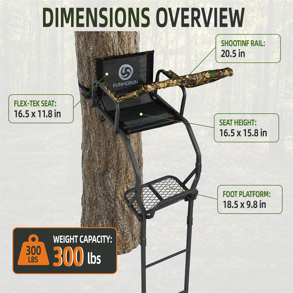 A tree-mounted hunting stand with labeled dimensions and weight capacity on a light gray background. The product is shown attached to a tree trunk, with callouts for shooting rail, flex-tek seat, seat height, foot platform, and weight capacity of 300 lbs.
