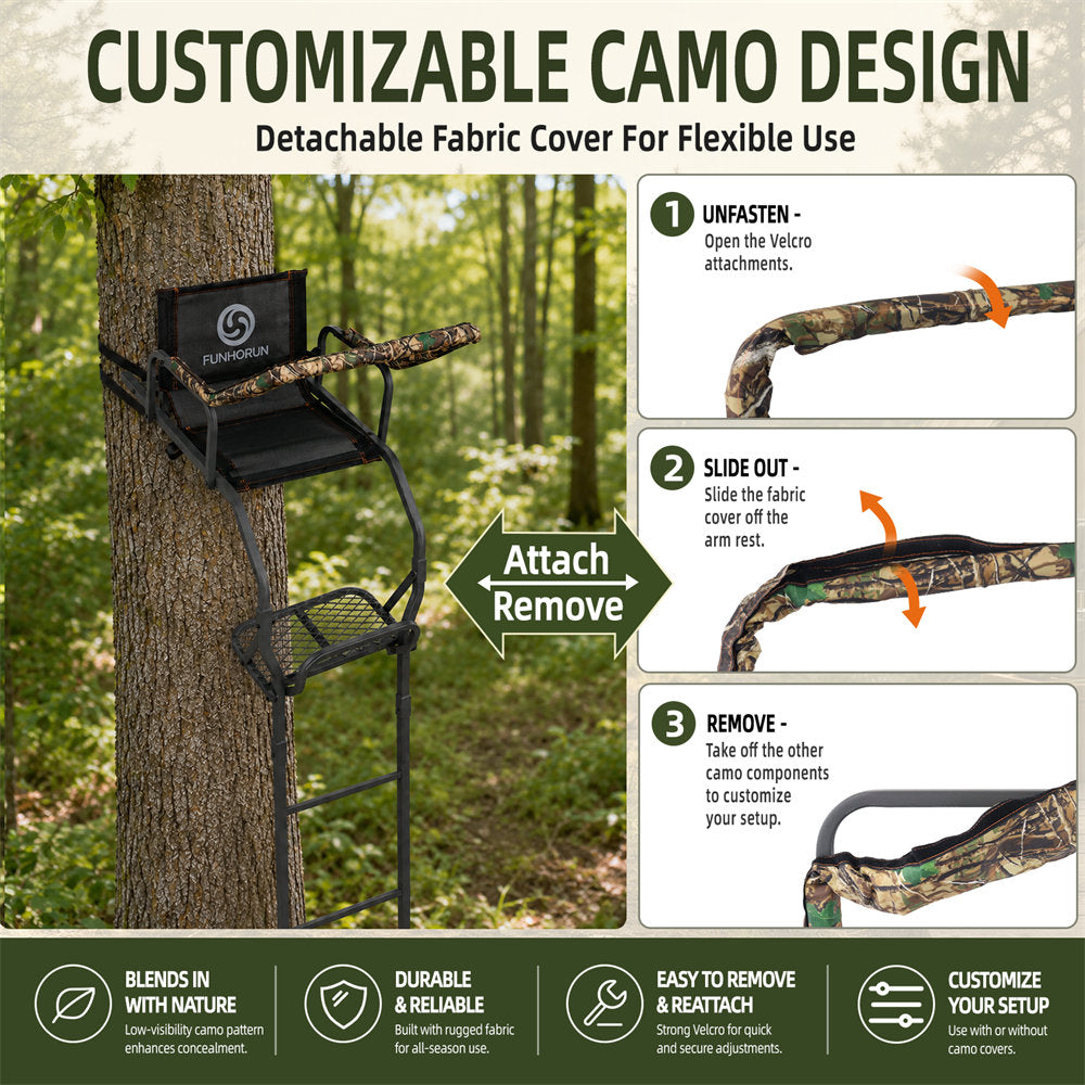 Customizable camouflage fabric cover for a detachable hunting chair, shown mounted on a tree in a forest with instructional steps on the right and feature icons on the bottom.
