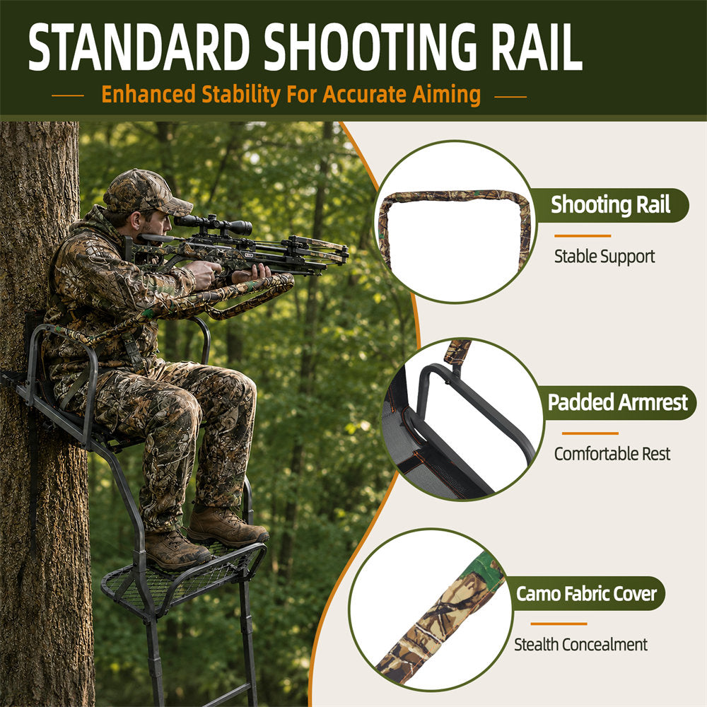 A promotional graphic for a standard shooting rail hunting stand. The left side shows a person in camouflage sitting on the stand, aiming a bow and arrow in a forest setting.
