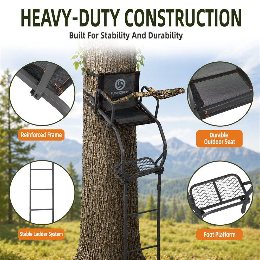 Black metal tree climbing stand with a ladder, seat, and foot platform shown mounted on a tree trunk outdoors, with feature callout circles and the headline 'HEAVY-DUTY CONSTRUCTION' on a scenic mountain background.