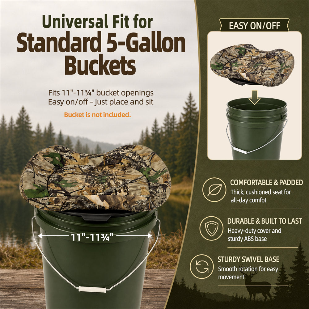 A promotional graphic for a camouflage padded bucket seat shown fitted over a dark green 5-gallon bucket. Large text reads 'Universal Fit for Standard 5-Gallon Buckets,' with additional product callouts on the right including 'EASY ON/OFF,' 'COMFORTABLE & PADDLED,' 'DURABLE & BUILT TO LAST,' and 'STURDY SWIVEL BASE.