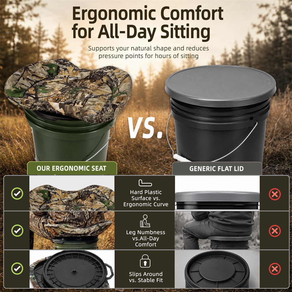 A promotional comparison graphic for a bucket seat pad. The top half shows a green bucket with a camouflage ergonomic seat cover draped over the rim, next to a black bucket with a flat lid, under the headline 'Ergonomic Comfort for All-Day Sitting.
