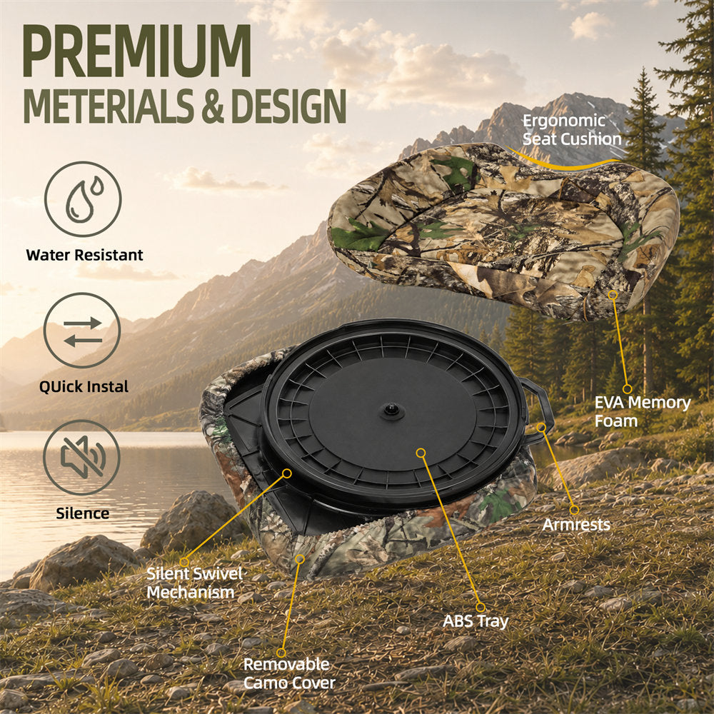 A premium camping seat cushion shown in a mountain-and-lake outdoor setting, with the lid lifted to reveal a black circular cushion and multiple feature callouts including water resistant, quick install, silence, ergonomic seat cushion, EVA memory foam, armrests, silent swivel mechanism, and removable camp cover.
