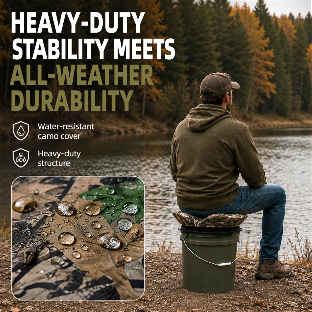 A man sits on a green bucket outdoors by a lake, wearing a brown cap and olive green hoodie. Large text reads 'HEAVY-DUTY STABILITY MEETS ALL-WEATHER DURABILITY' with feature callouts about a water-resistant camo cover and heavy-duty structure.
