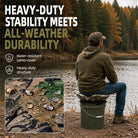A man sits on a green bucket outdoors by a lake, wearing a brown cap and olive green hoodie. Large text reads 'HEAVY-DUTY STABILITY MEETS ALL-WEATHER DURABILITY' with feature callouts about a water-resistant camo cover and heavy-duty structure.