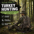 Man in camouflage gear sitting in a forest with text about turkey hunting equipment.