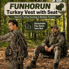 Two men in camouflage hunting gear sit in a wooded forest setting, showcasing a turkey hunting seat with a detachable flip-down seat mat. Large text at the top reads 'FUNHORUN Turkey Vest with Seat' and highlights the detachable flip-down seat mat.