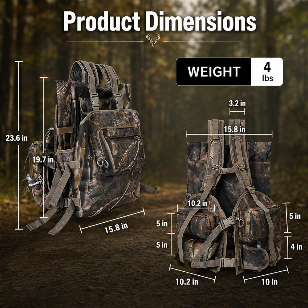 Product dimensions diagram for a camouflage backpack, showing front and back views with labeled measurements and a weight label of 4 lbs, over a blurred forest background.