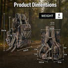 Product dimensions diagram for a camouflage backpack, showing front and back views with labeled measurements and a weight label of 4 lbs, over a blurred forest background.