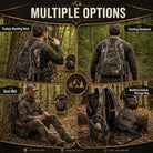 A promotional collage showing a camouflage hunting backpack in use by a man in a forest, with labeled options including Turkey Hunting Vest, Hunting Backpack, Seat Mat, and Multifunctional Storage Bag under the heading 'MULTIPLE OPTIONS'.