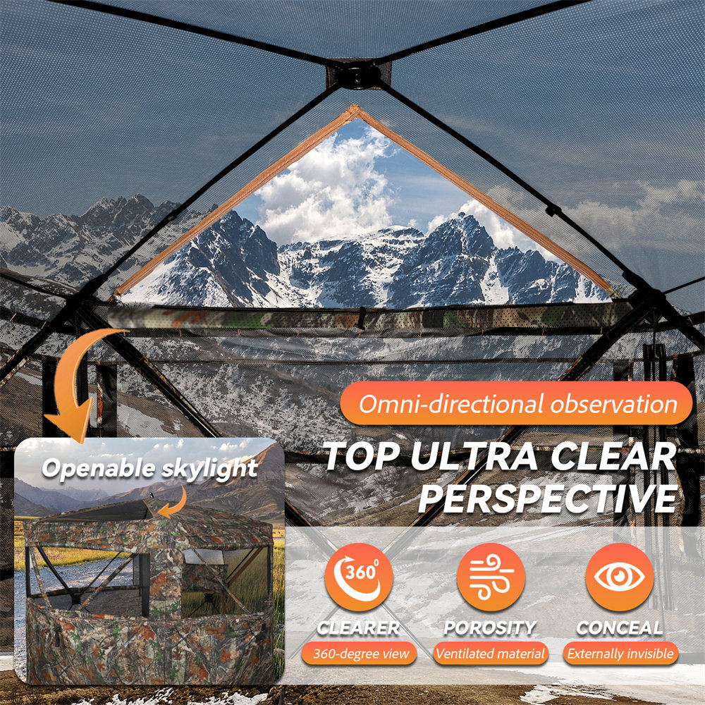 Gazebo with openable skylight and mountain view, featuring text on clarity and observation.