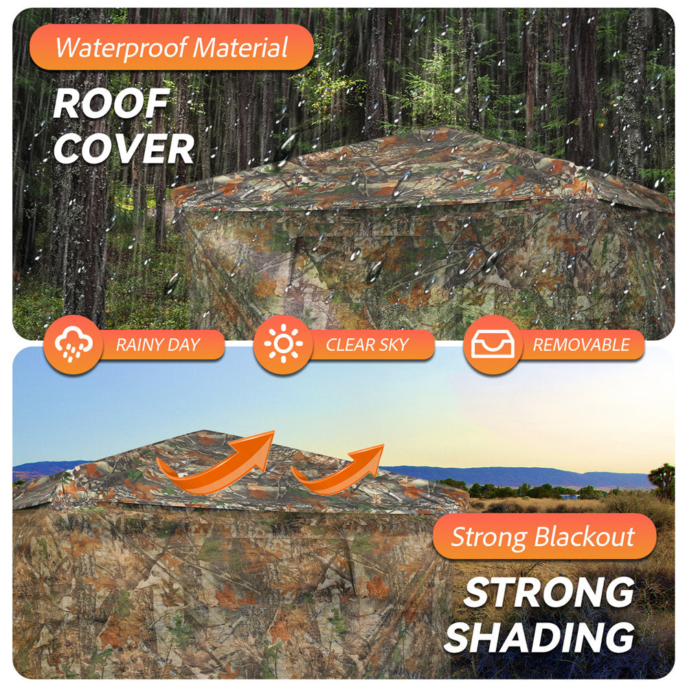 Camouflage roof cover with waterproof material, rainproof, clear sky, and removable features.
