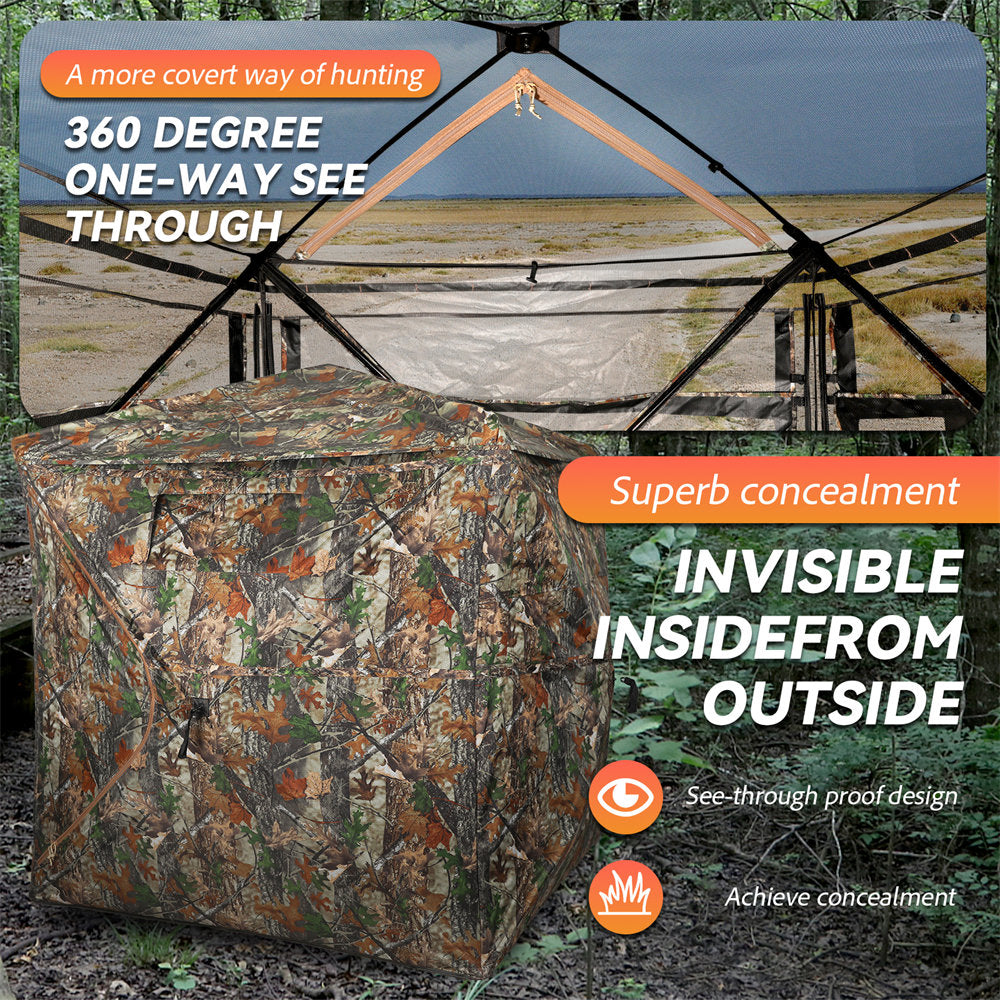Camouflage hunting blind with text highlighting features like 360-degree visibility and superb concealment.