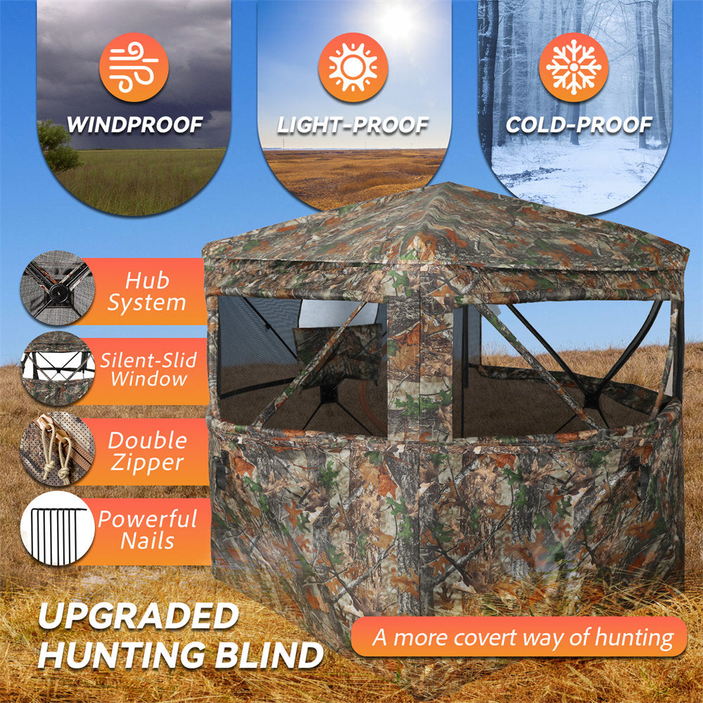 Camouflage hunting blind with features highlighted on a clear sky background