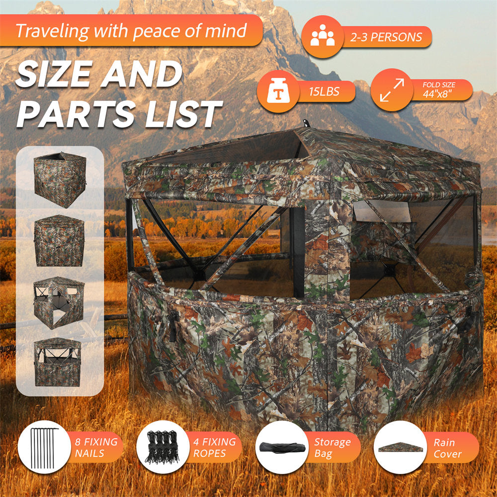 Camouflage hunting blind with size and parts list on a wooden background