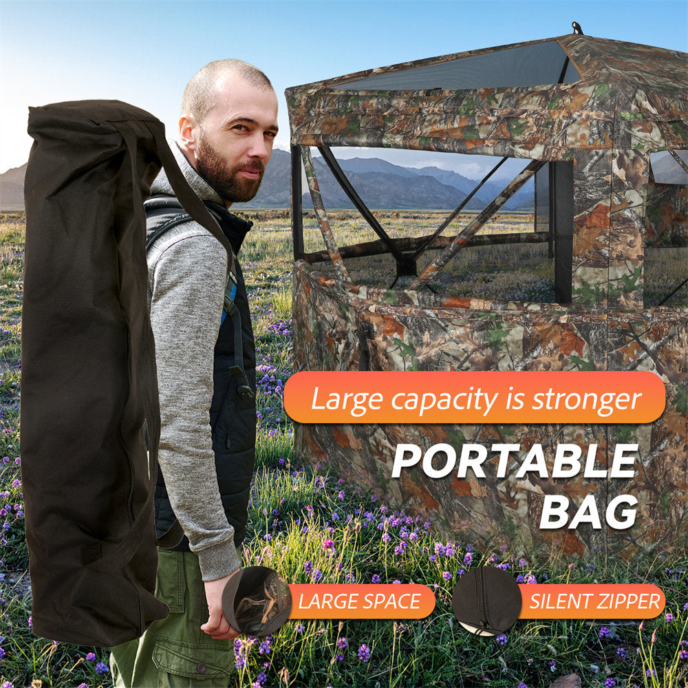 Man holding a large capacity portable bag with camouflage blind in the background