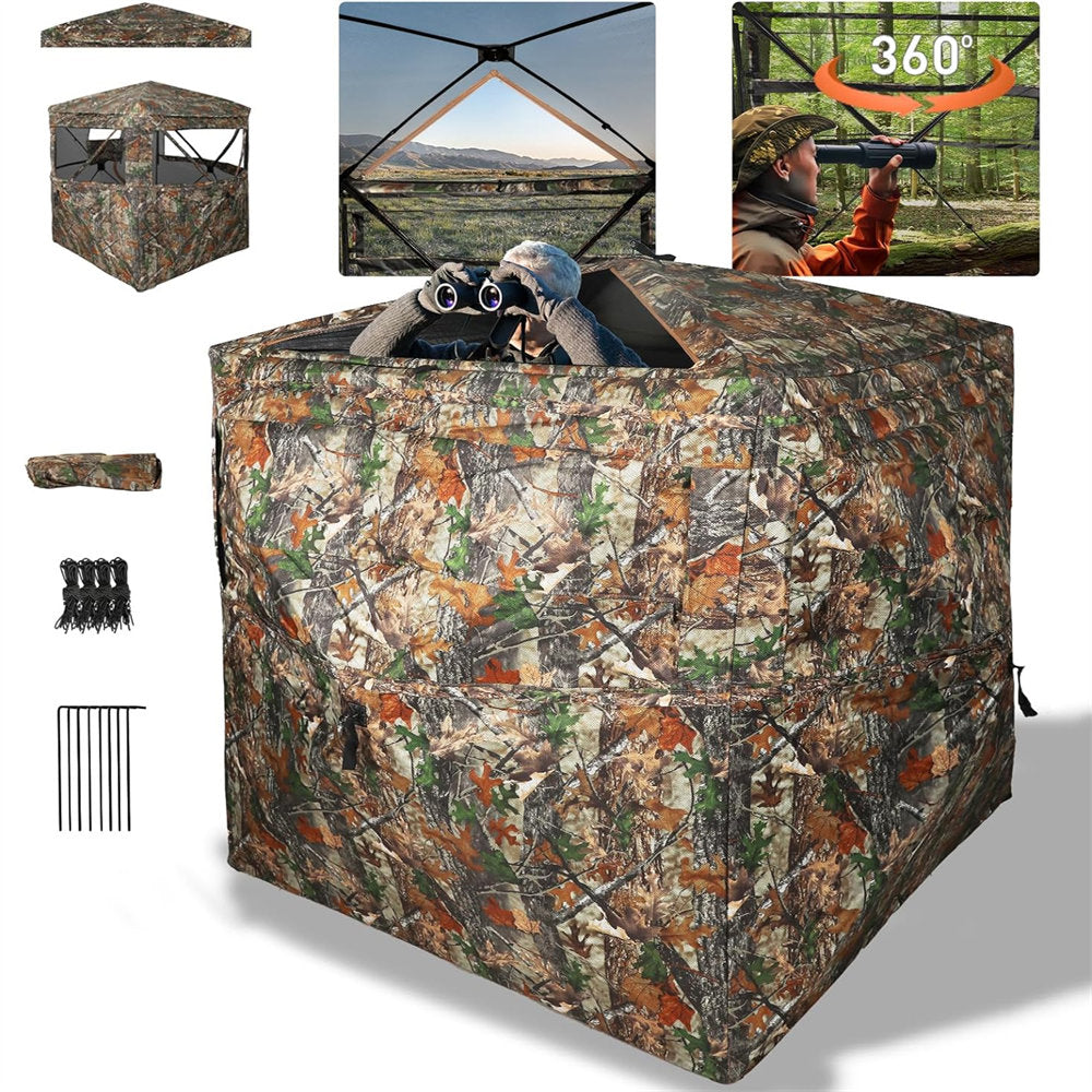 Camouflage hunting blind with accessories on a white background