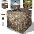 Camouflage hunting blind with accessories on a white background
